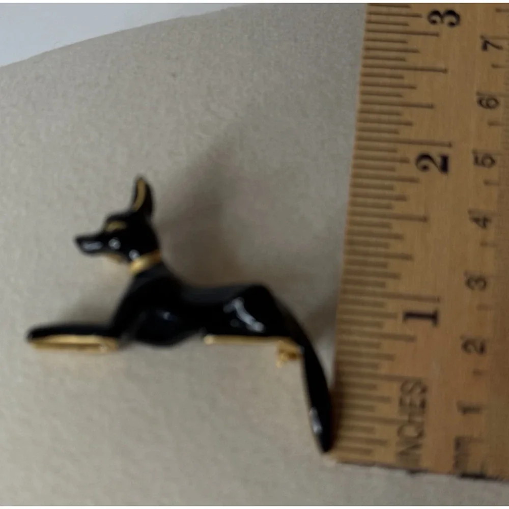 Anubis Egyptian Dog God Jackal Figural Brooch Pin Couchant Pose Black Gold